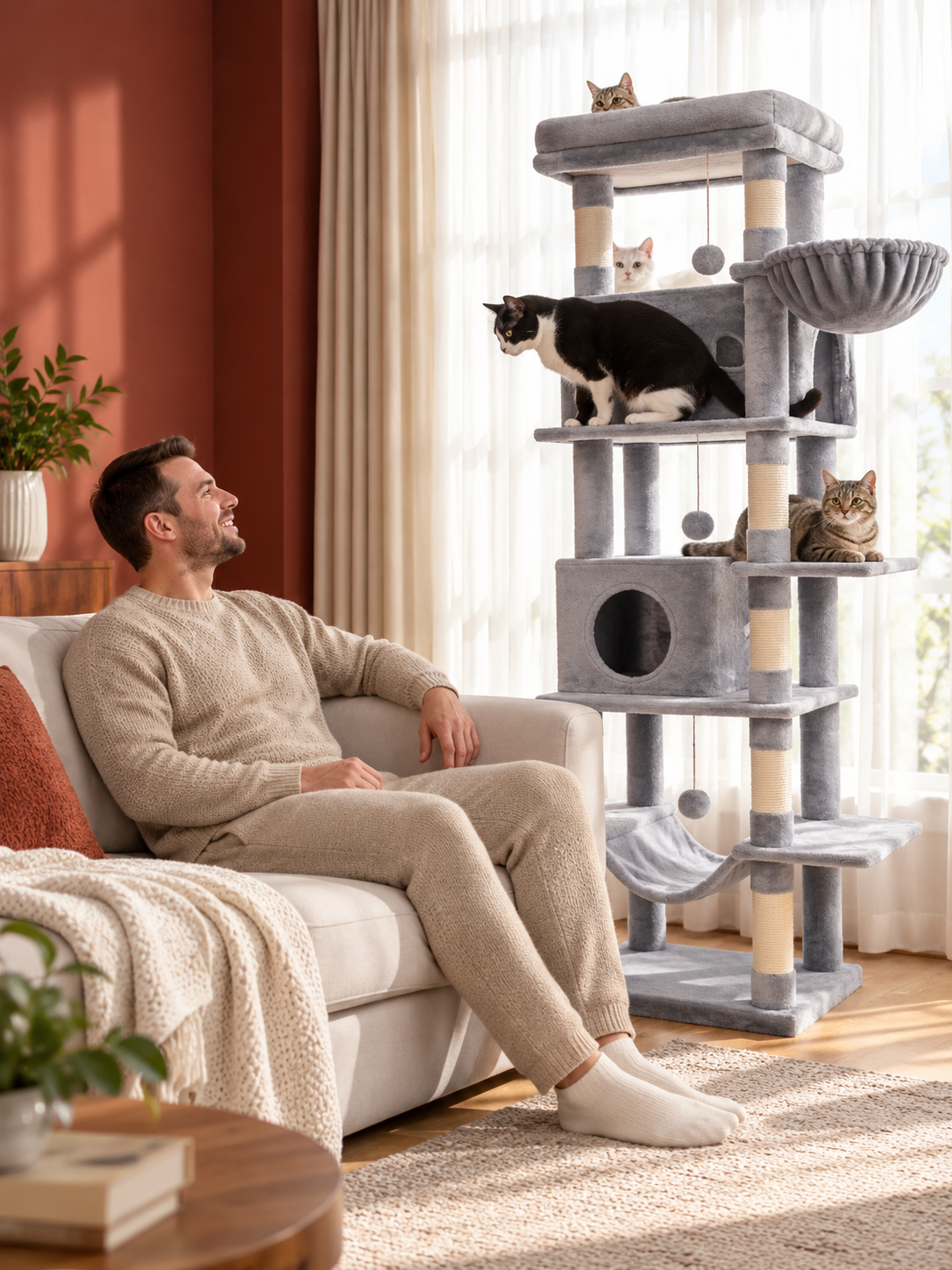 Grand Arbre à Chat 210 cm — 4 Poteaux Chanvre | Cordage