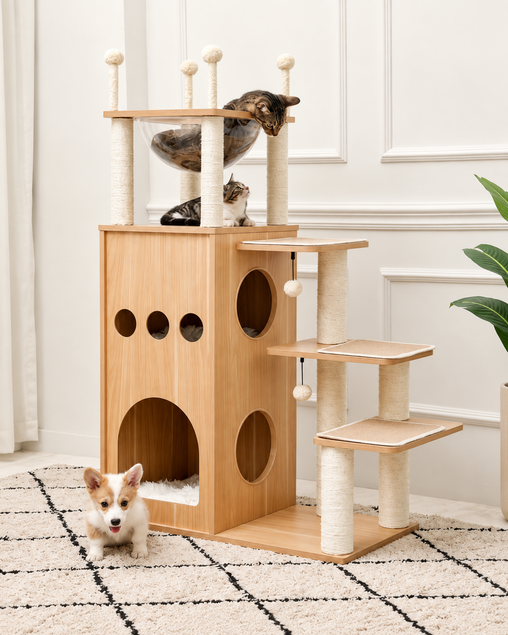 Arbre à Chat Bois Massif — Grand Chat, 5 Niveaux | Noyer
