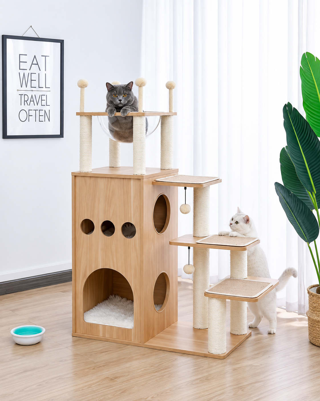 Arbre à Chat Bois Massif — Grand Chat, 5 Niveaux | Noyer
