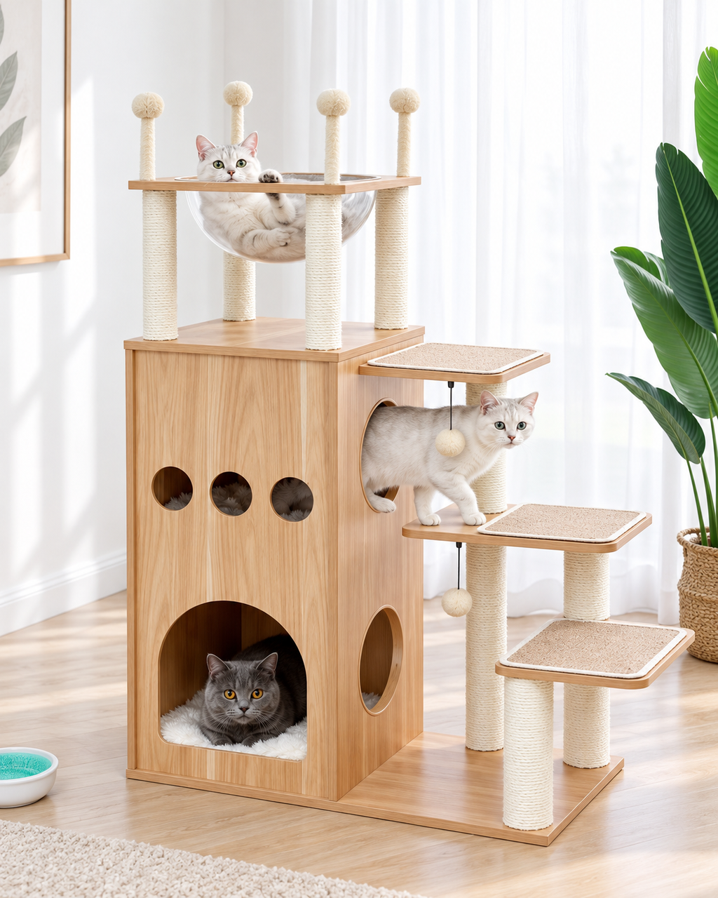 Arbre à Chat Bois Massif — Grand Chat, 5 Niveaux | Noyer