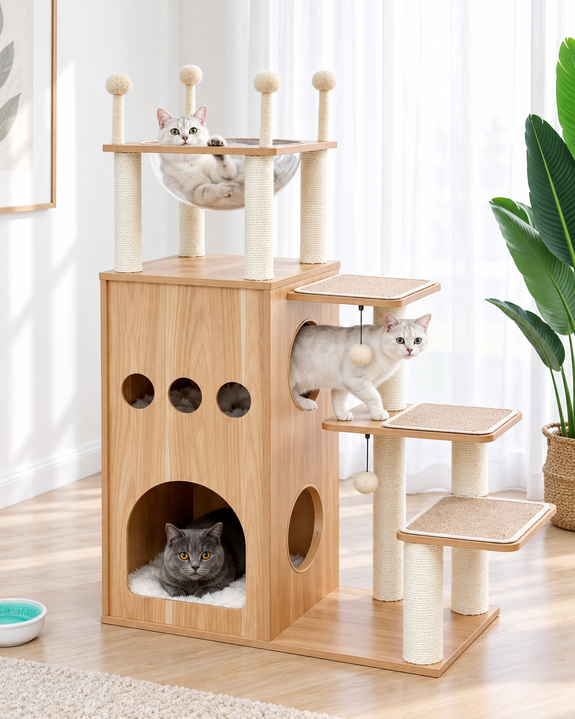 Arbre à Chat Bois Massif — Grand Chat, 5 Niveaux | Noyer