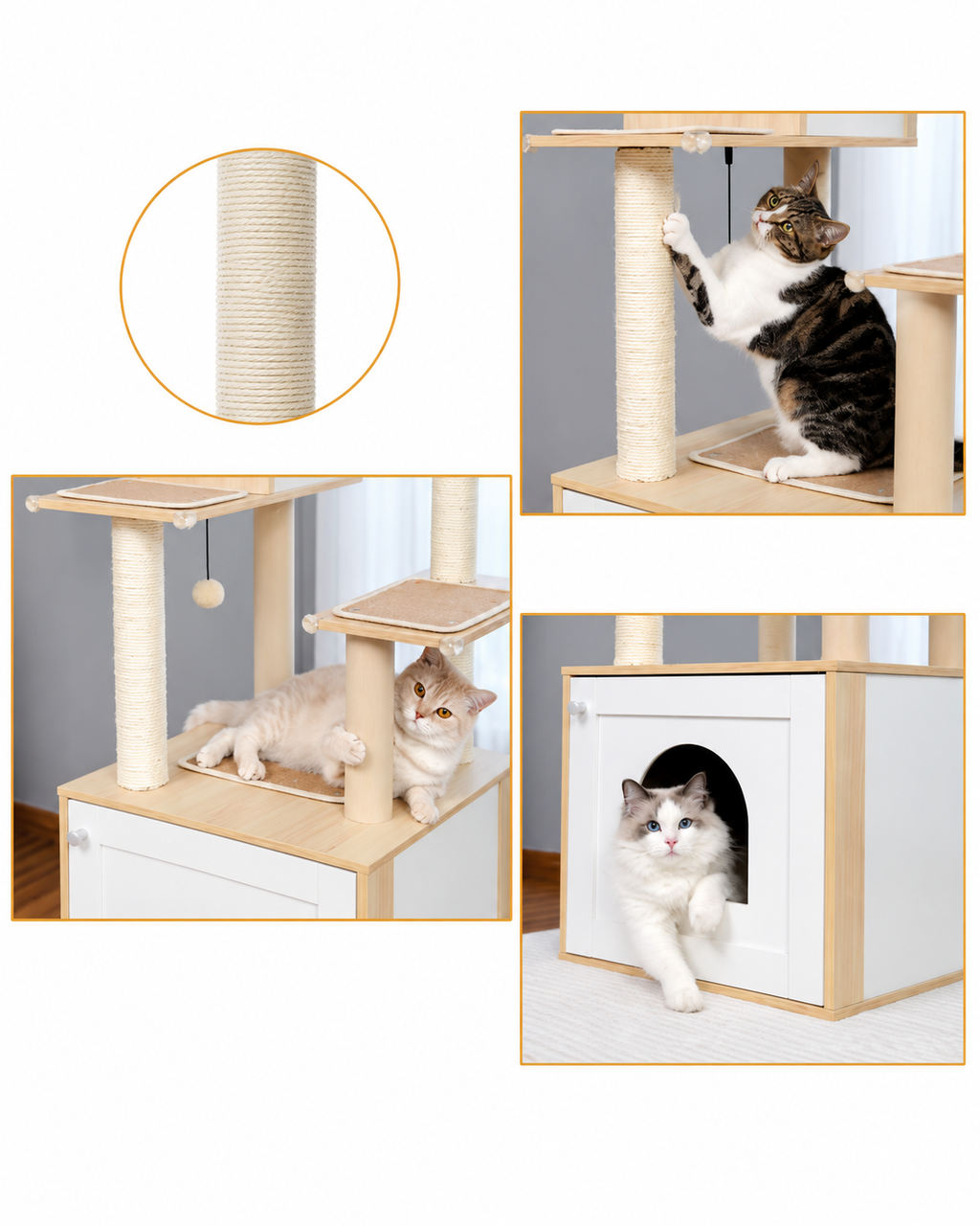 Arbre à Chat en Bois — Cache-Litière Intégré | Maison