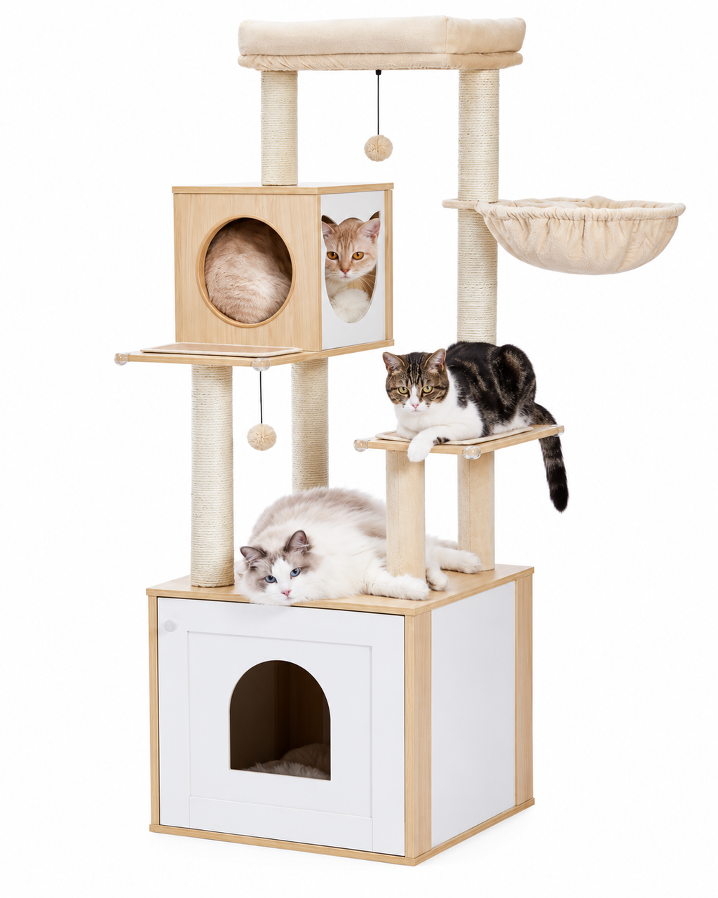 Arbre à Chat en Bois — Cache-Litière Intégré | Maison