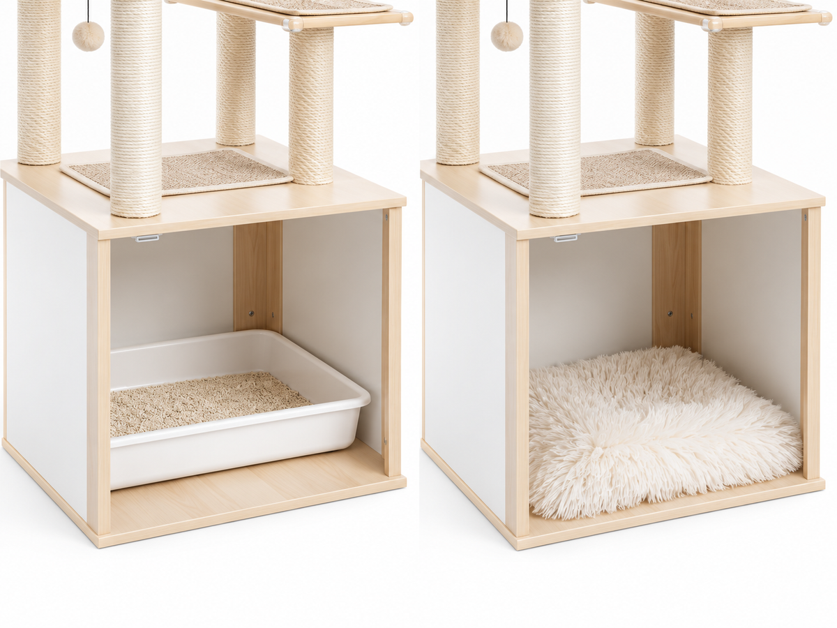 Arbre à Chat en Bois — Cache-Litière Intégré | Maison