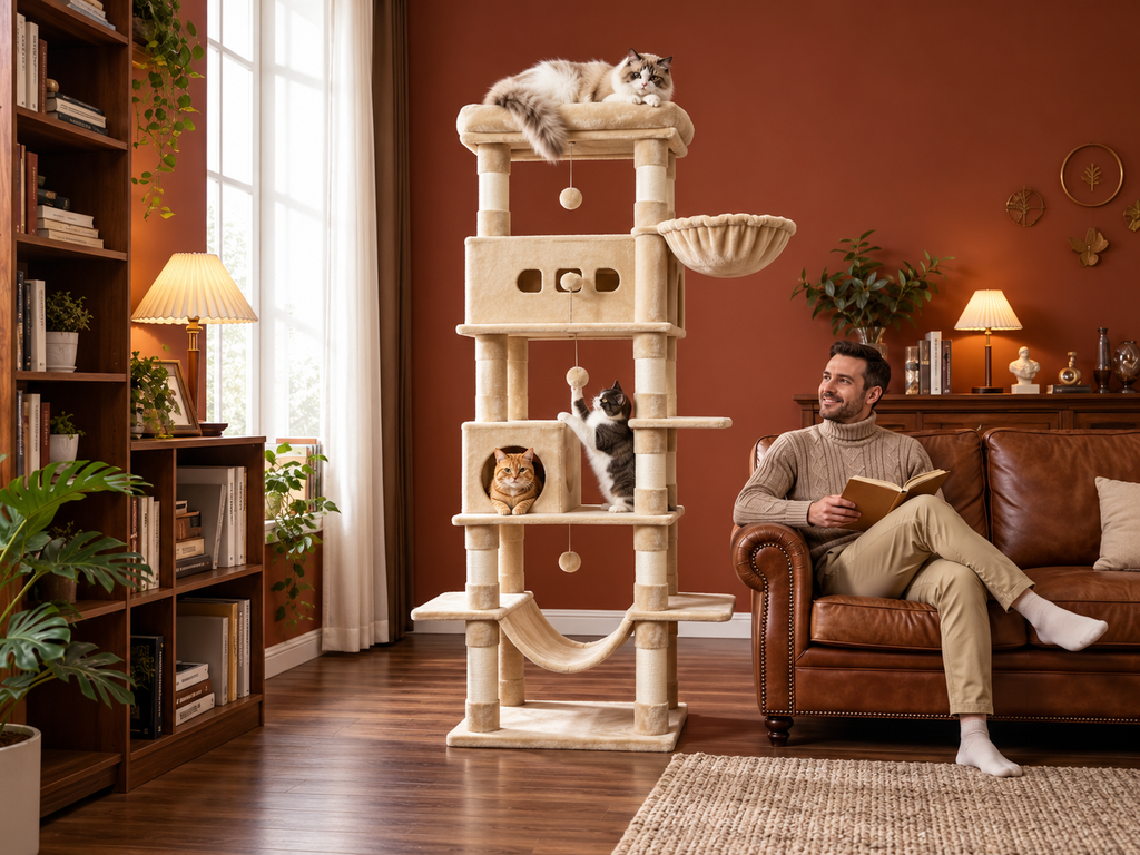 Grand Arbre à Chat 210 cm — 4 Poteaux Chanvre | Cordage