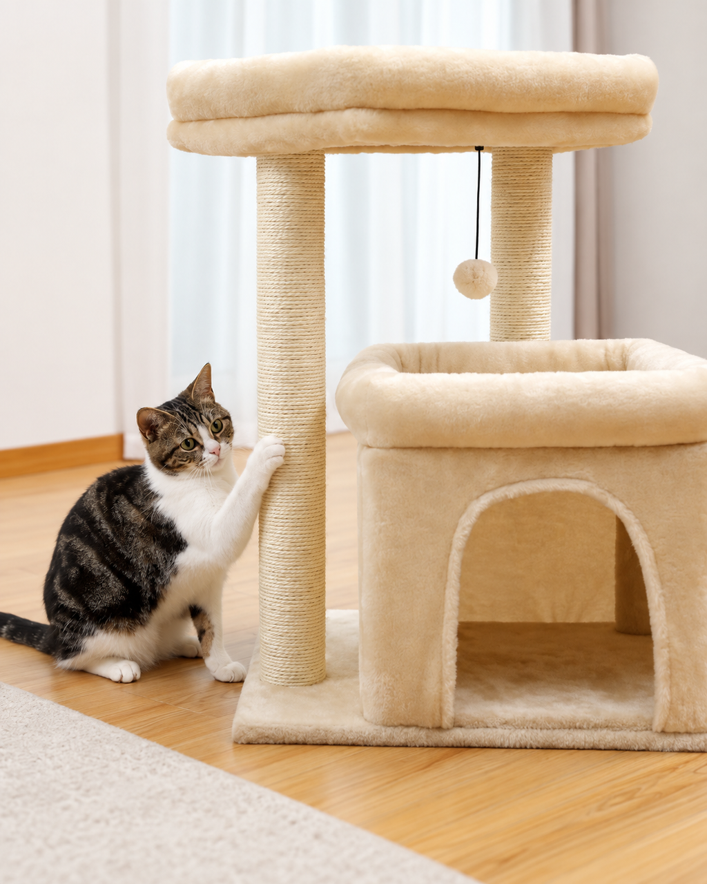 Arbre à Chat Compact 60-72 cm — Niche & Double Perchoir | Petit Coin