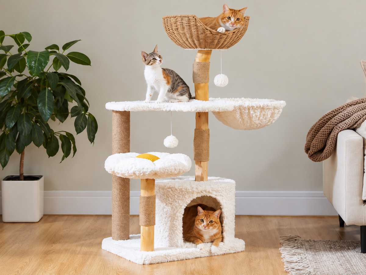 Arbre à Chat Bois Blanc 123 cm — Couchage Fleur | Lys
