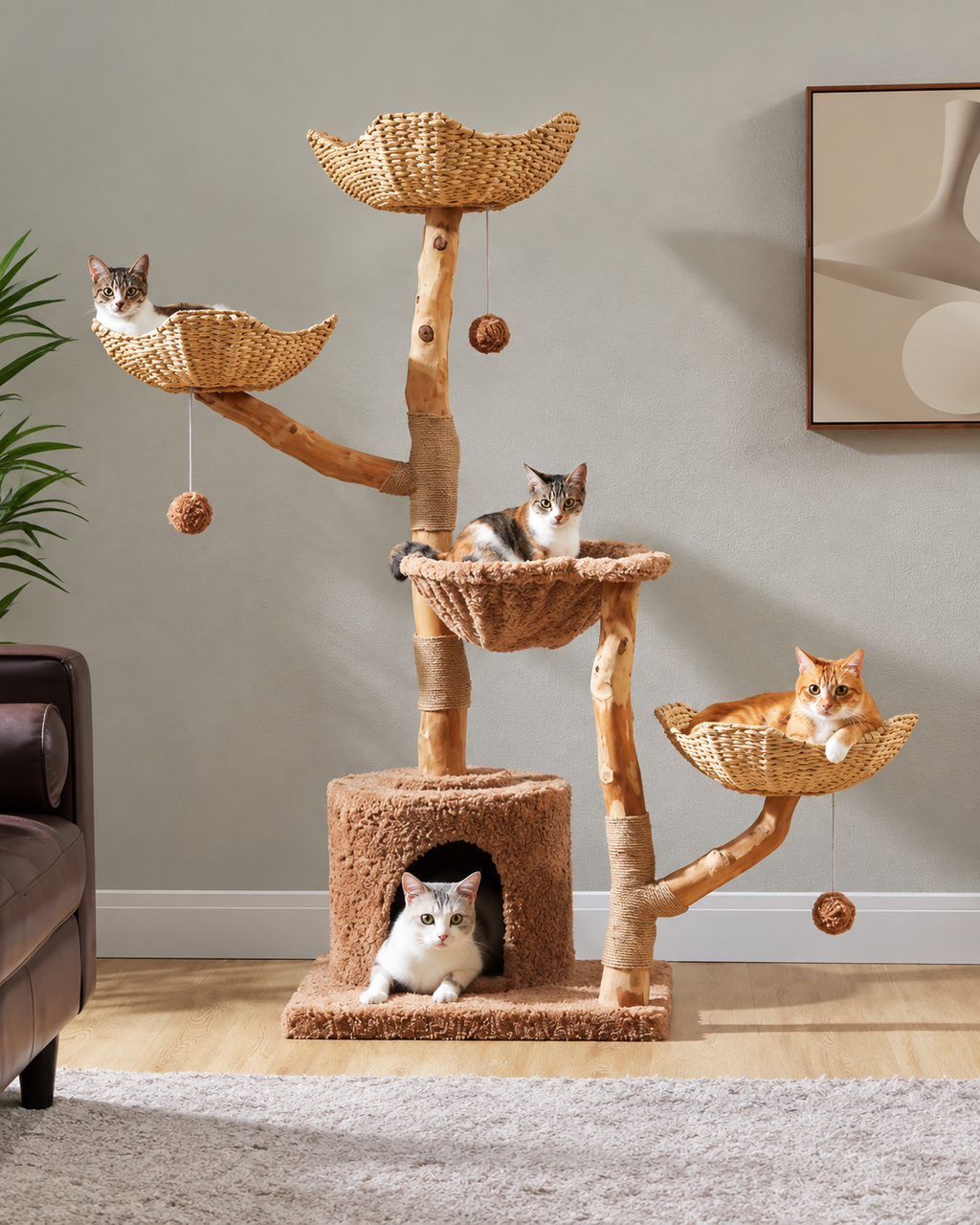 Arbre à Chat Bois & Osier 150 cm — Grand Panier Osier | Osoria