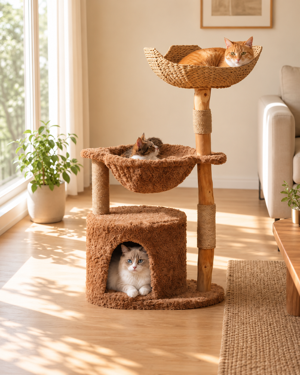 Arbre à Chat Bois & Osier 102 cm — Grand Panier Tressé | Tressage