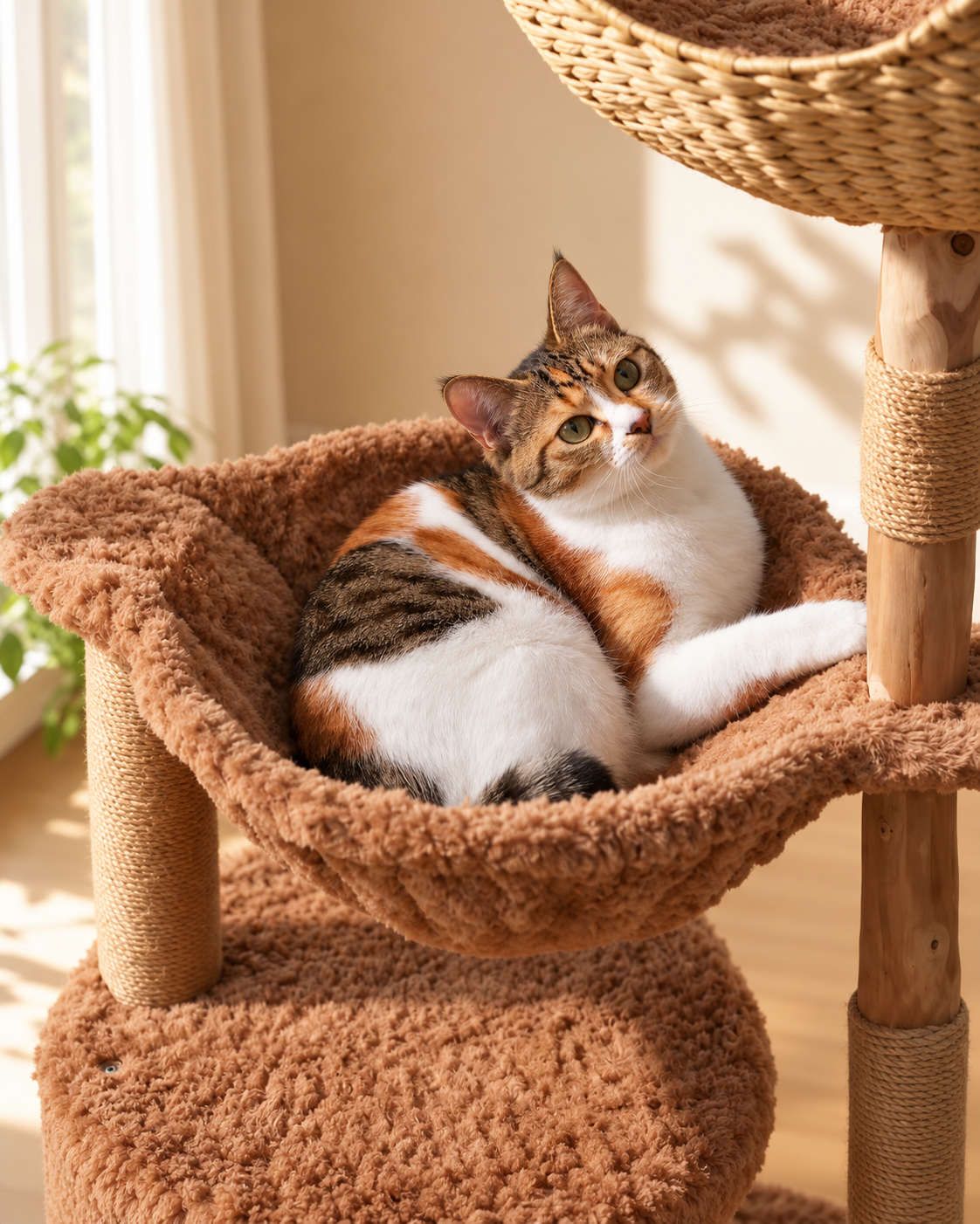 Arbre à Chat Bois & Osier 102 cm — Grand Panier Tressé | Tressage