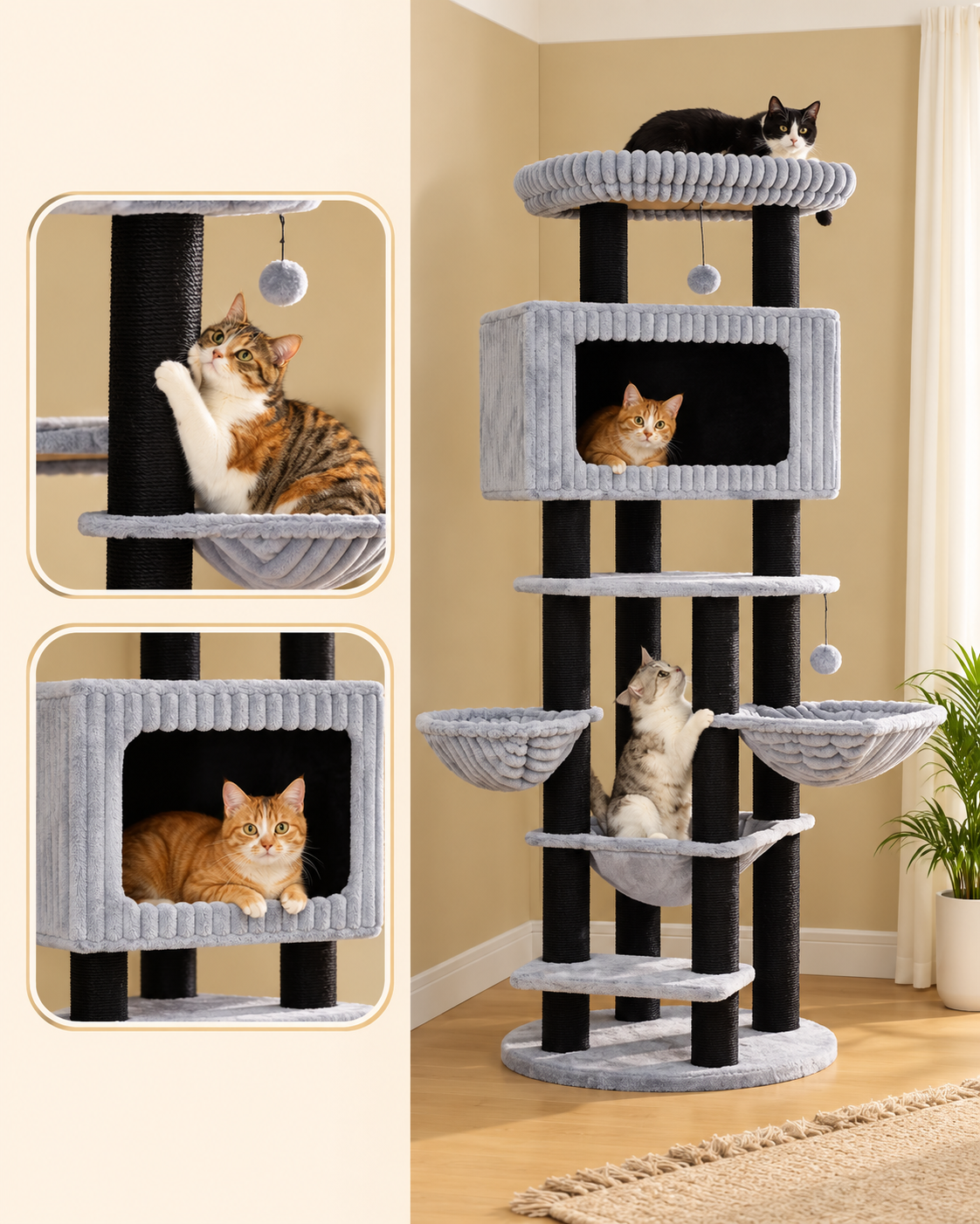Arbre à Chat Maine Coon 170 cm — 4 Poteaux Sisal | Robusto
