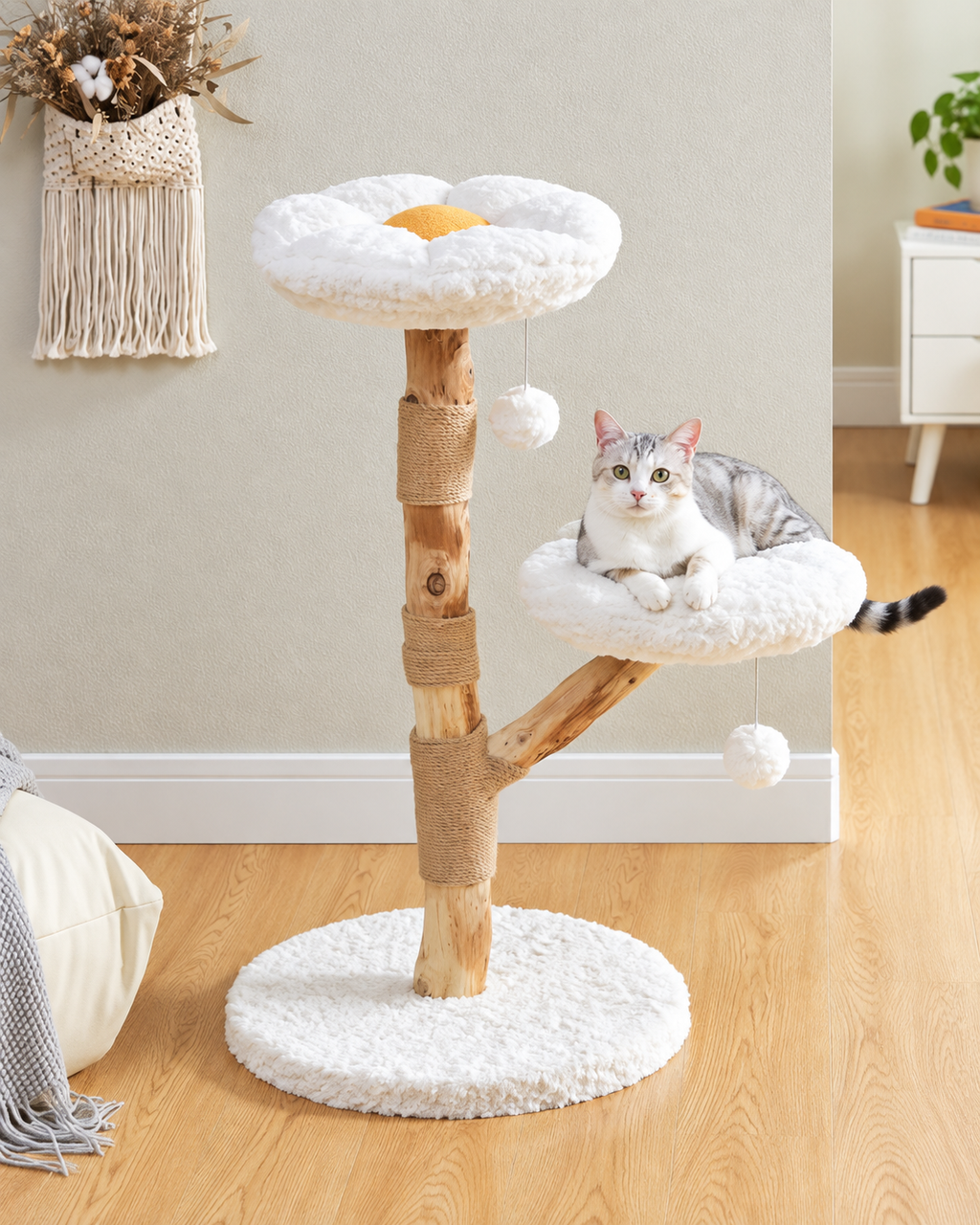 Arbre à Chat Bois 92 cm — 2 Perchoirs Fleur | Pétale